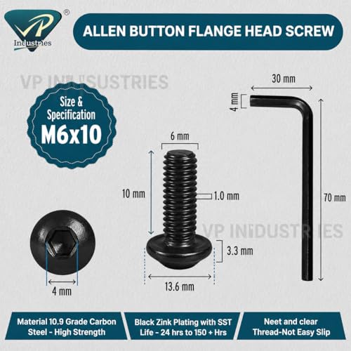 Image of By inchVP INDUSTRIES inch (Pcs-25) M6x10 mm Button Allen Flange Head Cap Screw Black Zinc Plated | High Tensile Hex Socket Round Head Bolt for Furniture, Woodworking & DIY Projects