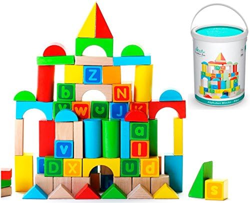Alphabet Wooden Building Blocks Set with Case - Brightly Colored Educational 80 pc Stacking Block Set for Toddlers & Kids Age 3 & 4 Old - Made from Durable Beech & Juniper Wood Pieces