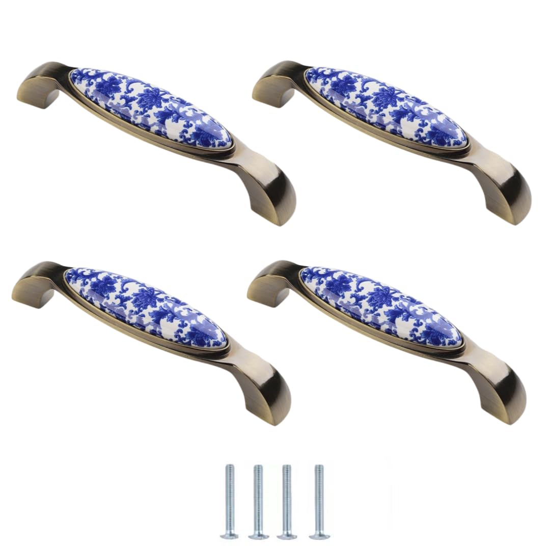 LQZAXSRDR Ceramic Cupboard Drawer Handle Knobs, Blue and White Porcelain Ceramic Knobs Pack of 4 Multiple Sizes Single Hole(138 * 31 * 26mm)