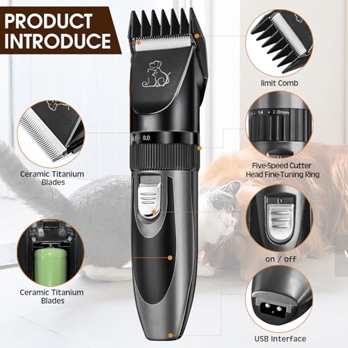 Anluomafuy Hundeschermaschine, Leise Schermaschine Hund Katze, IPX7 Wasserdichtes Schermaschine Hund Katze, 2 Stunden Akkulaufzeit, mit Haustierpflegeset, für Dickes, Langes und Lockiges Tierhaare