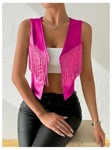 MakeMeChic Women's Metallic Sequin Fringe Vest Blazer Open Front Sleeveless Crop Y2K Coat Outerwear4