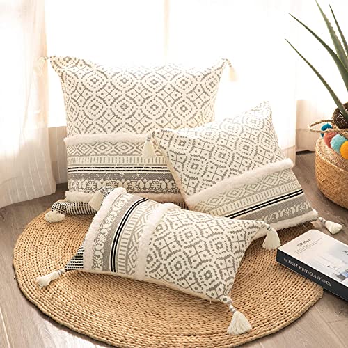 Image of Modern Homes Boho Tufted Decorative Throw Pillow Covers for Couch Sofa - Moroccan Style Cushion Covers with Tassels, Accent Decor Pillow for Bedroom Living Room (Grey, 16x16 inch)
