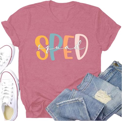 Potia Teacher Shirts Women Special Education Teacher Squad Shirt Casual SPED Mental Health Print Tops Pink