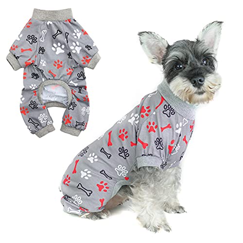 XIAOYU Pijama suave para perro, ropa de perro, mono lindo para mascotas, pijama para perros con patrón de huella ósea, gris, M Cover