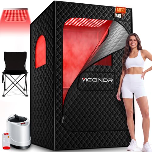 Infrared Sauna Box, Portable Steam Infrared Sauna with Red Light Therapy for Body, Sauna Tent with 660nm & 850nm Infrared Red Light Therapy Lamp, 3L/1200W Steamer, 9 Levels Heat, Timer, Folding Chair