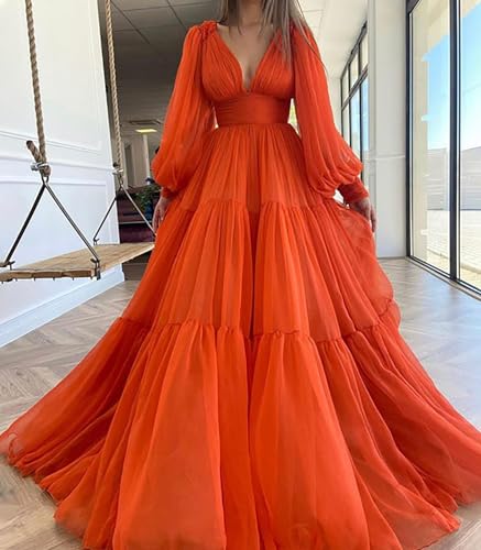 BOLENSYE Puffy Sleeve Prom Dresses Tulle Long Ball Gowns for Women Deep V Neck Formal Evening Dress4