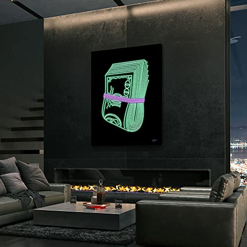 Inktuitive Neon Wad 100 Dollar Bill Money Inspirational Canvas Wall Art | Motivational Decor for Bedroom, Living Room & Business Office | 24 x 18 Inches Black Frame3