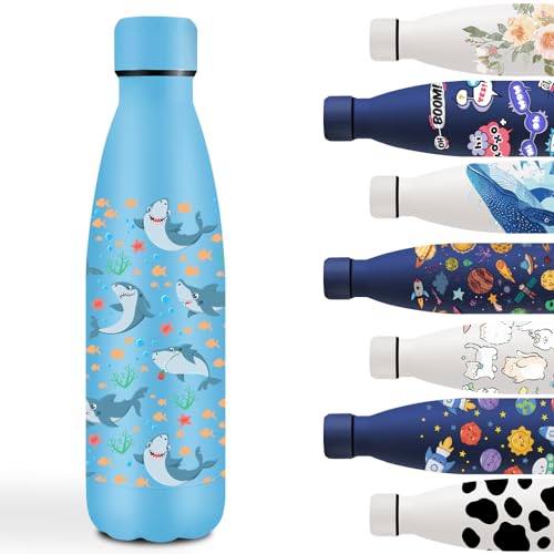 Botella Agua Acero Inoxidable 500ml, Cantimplora Acero Inoxidable, a Prueba de Fugas, Botella Agua Personalizada con Tiburón, Cantimplora Infantil para la Escuela, Oficina, Viajar, Deportes, Azul