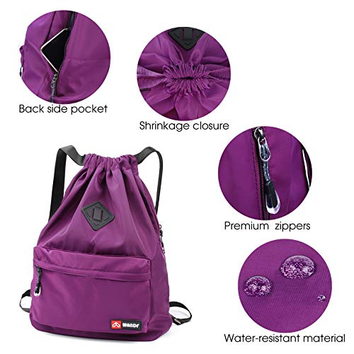 WANDF Drawstring Backpack with Shoe Pocket, String Bag Sackpack Cinch Water Resistant Nylon for Gym Shopping Sport Yoga (Purple with shoe pocket)