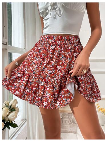 SweatyRocks Women's Summer Boho Ruffle Skirts Floral Print Elastic Waist Flowy Beach Mini Skirt3