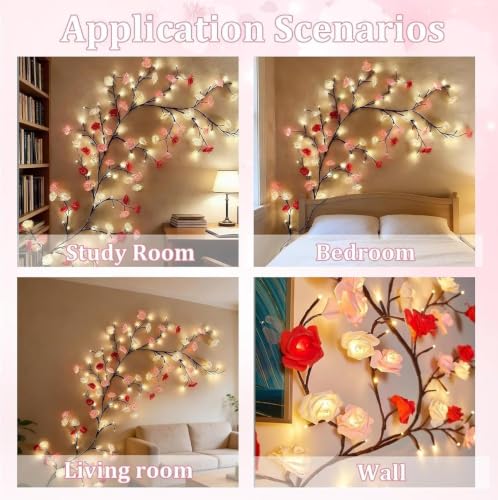 Image of Rose Flower LED Vine Wall Lights, 72 Warm LED Decorative Fairy Lights with Remote Control, USB & Battery Powered Hanging Lights for Room, Home, Festival & Romantic Decoration