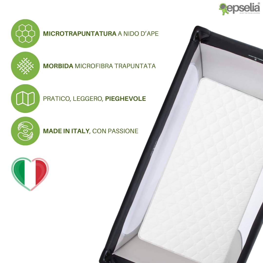 EPSELIA Materasso Lettino per Bambini Arrotolabile e Bordato per Viaggio o Campeggio, cm 60x120 H4 Certificato Antisoffoco EN16890:2017 Poliuretano CertiPUR™ OEKO-TEX®