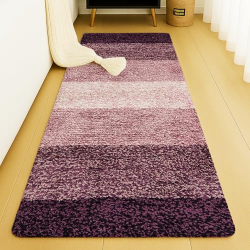 Image of Pano Textured Striped Runner Rug 45x130 cm | Anti-Skid, Super Soft & Ultra Absorbent Floor Runner | Quick Dry & Washable Runner for Bathroom, Kitchen, Bedroom & Living Room, Purple