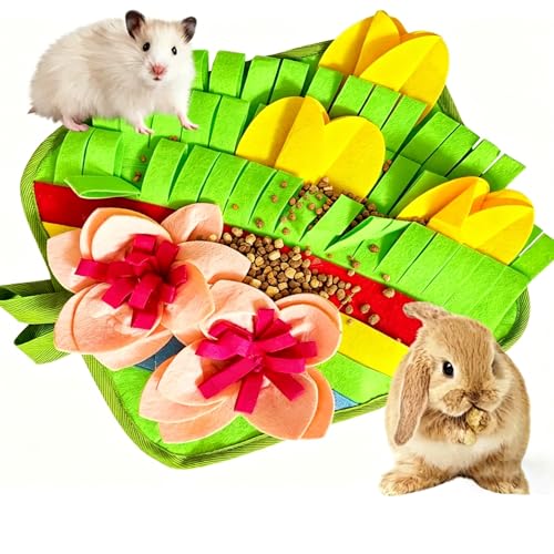 EMINGSKY Rabbit Snuffle Mat Interactive Foraging Pad for Small Pets Anti-Slip Felt Feeding Mat for Bunny Hamster Guinea Pig Ferret Machine Washable Boredom Relief Toy (Floral)
