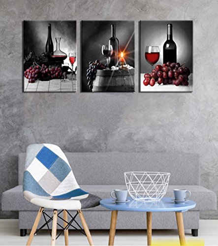 S-ANT Canvas Wall Art Red Wine Green Grape Wine Cups Bottles HD Modern Abstract Giclee Canvas Prints Artwork for Kitchen Home (Black)
