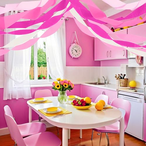 Image of PheiLa Crepe Paper Streamers 6 Rolls 492ft, Crepe Paper Romantic Decorations Pink and White Party Supplies for Valentines Day Girls Birthday Party Decor, 1.77 Inch x 82 Ft /Roll