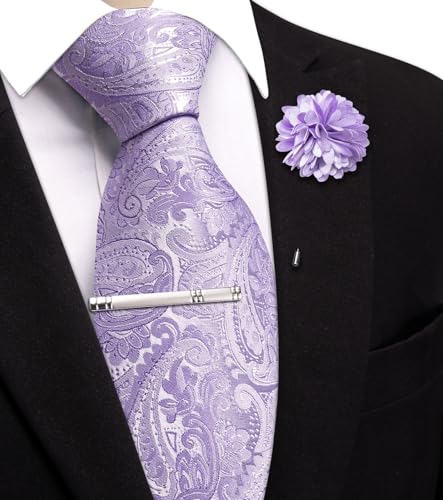 Image of Hi-Tie 63 inches Striped Paisley Extra Long Ties for Men Silk Necktie with Lapel Pin Tie Clip Big and Tall Men Formal Wedding