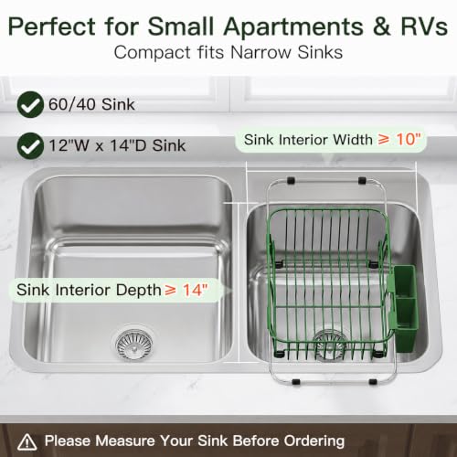 Image of JASIWAY Green Dish Drying Rack in Sink with Utensil Holder, RV, Apartment