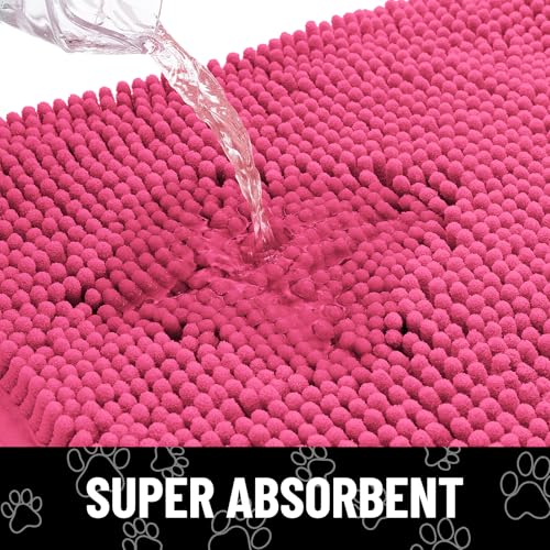 Image of Smiry Dog Door Mat for Muddy Paws, Absorbent Dirt Trapper Non Slip Quick Dry Washable Chenille Mat for Mud Dogs, Entry Rug for Indoor and Outdoor (30x20 Inches, Hot Pink and White)