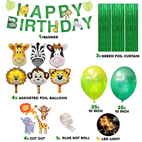 Image of Party Propz Jungle Theme Birthday Decoration Combo - Pack of 64 Pcs | Animal Theme Birthday Party Decorations With Led Light, 30 - 32ft Animals Safari Forest Foil Balloons (Cardstocks)