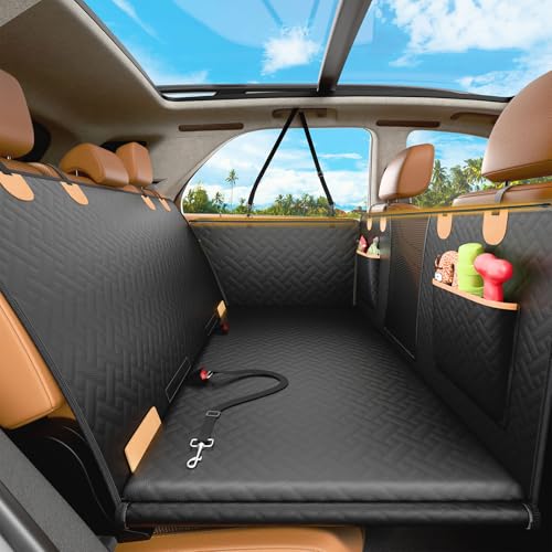 Rincus Anti Slip PU Leather Rigid Dog Car Seat Cover with Baby Car Seat, Structured Back Seat Extender for Dogs Hard Bottom Holds 450lbs, Dog Back Seat Cover for Car SUVs, Waterproof, Scratch Proof