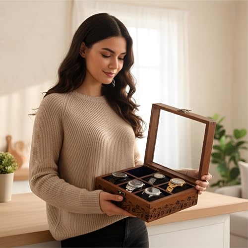 Image of Vintage Wooden Watch Box for Men, Timepiece Storage & Organizer, Watch Display Case, Jewelry Box for Women, Anniversary Gift for Husband (6 Grooves Engraved (Rosewood))
