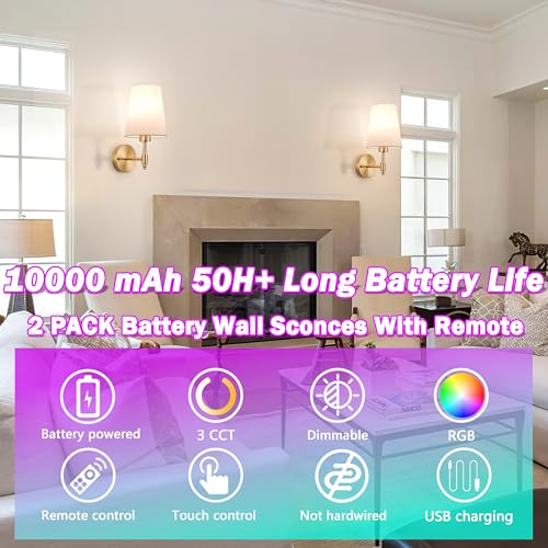 Slywise Battery Wall Sconces Set Of Two,Battery Operated Sconces Up To 50 Hours Long Life,Rechargeable Cordless Wall Sconce Usb Charging thumb #1