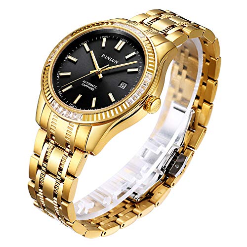 Image of BINLUN Men's Automatic Gold Watches 18K Gold Plated Diamond Mechanical Watch Waterproof Stainless Steel Skeleton Wrist Watch for Men