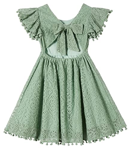 Image of Beganly Toddler Girls Lace Dress Baby Kids Tie Back Bow Pom Pom Ruffle Sleeve Backless Party Princess Dresses Sage Green 120
