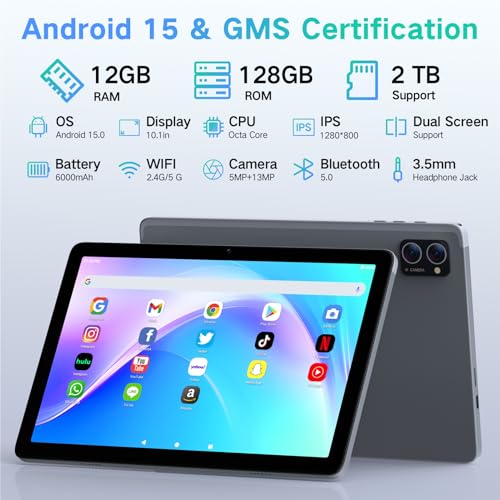 Tablet, Android 15 Tablet 10.1 Inch with Gemini AI– Octa-Core 12GB RAM 128GB Storage (2TB Expandable), HD Touch Screen Tablets PC with Dual Camera, Long Battery Life, WiFi Tableta - Image 3