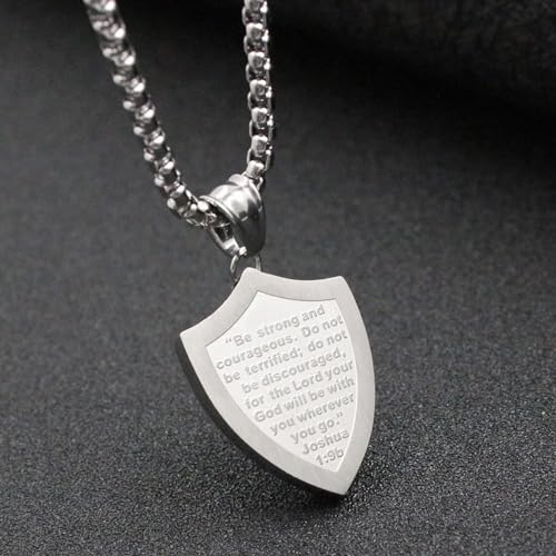 Lemu Mens Cross Necklace Shield Armor of God Pendant with Bible Verse Joshua 1:9 Stainless Steel3