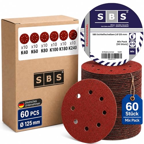 60 Stück | SBS Schleifscheiben| Ø 125 mm | 8 Loch | Körnung je 10 x 40/60/80/120/180/240 - Exzenter-Schleifer