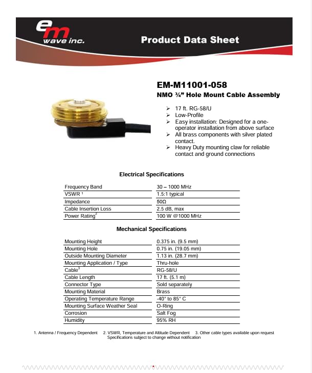 Inc- EM-M11001-058 NMO 3/4" Hole Mount Assembly with 17 ft. RG-58/U Cable, No Connector by EM Wave Inc