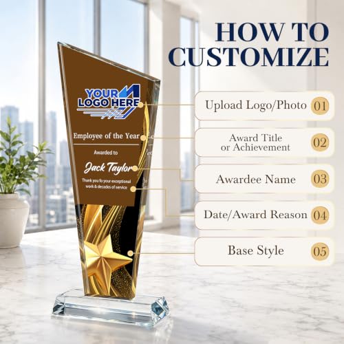 Image of Custom Crystal Trophy Award Personalized Plaque Award with Text Logo Photo Awards Trophies for Employee Recognition Team Graduation Personalized Office Gifts for Boss Coworker Teacher