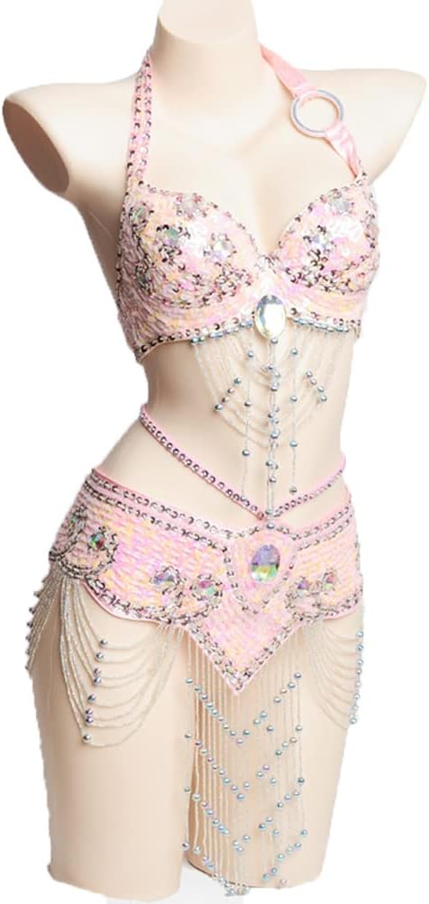 Women's Belly Dance Performance Costume Carnival Competition Dancing Outfits Belly Dance Top Bra and Belt 2-Piece Set