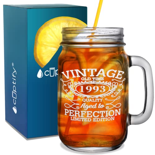 Cuptify 32nd Birthday Aged To Perfection 32 Years Old Established 1993 Etched Mason Jar Glass 16 oz Drinking Glasses with Handle