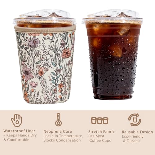 Image of Reusable Insulated Sleeve for Iced Coffee Cup, Coffee Neoprene Sleeve for Cold & Hot Drinks, Beverage Holder for Iced Coffee (Bloom Magic, Small: 16-18oz)