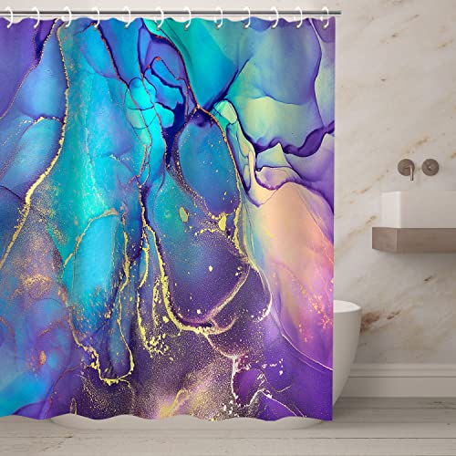 Rosielily Purple Marble Shower Curtain, Blue Abstract Bathroom Curtain, Colorful Ombre Shower Curtains Set With 12 Hooks, Pink And Gold Bathroom Decor, 72"X72" #TOP1