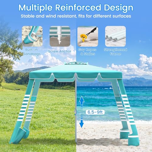 MoKo Beach Cabana,120 Sq. Ft. Large Beach Canopy Tent Sun Shade, UPF 50+ Protection Easy Setup Beach Tent, Adjustable Height Wind Resistant Cabana Sun Shelter for Whole Family, Light Green Stripes - image 4