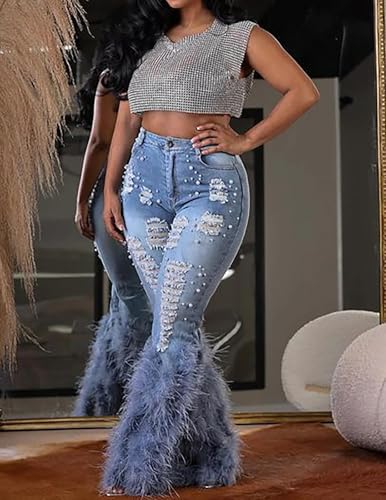 Tbahhir Women's Skinny Ripped Jeans Pearl Distressed Stretchy High Waisted Tassels Slim Fit Denim Pants Y2K Streetwear3