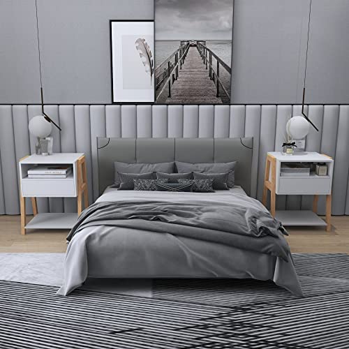 Uyihome Nightstand Set Of 2 With Drawers And Open Shelves, Modern High Gloss Bedside Table With Storage & Trapezoid Rubberwood Leg Frame, Sofa Side End Accent Table For Bedroom, White #TOP4
