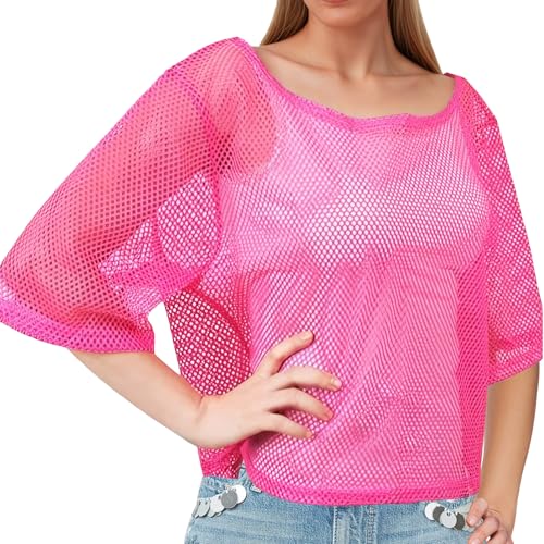 80s90s Neon Mesh Top,Neon Fishnet Top,Sexy Off Shoulder T-Shirt,Suitable for Female Masquerade,Party (Rose Red)