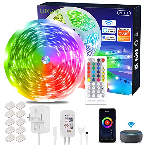 LUXONIC 15m Alexa LED Strip Lights with Remote 49.2ft WiFi RGB Colour Changing Smart Led Light Strips Music Sync App Control Work with Alexa Strips Light for Bedrooms TV Party