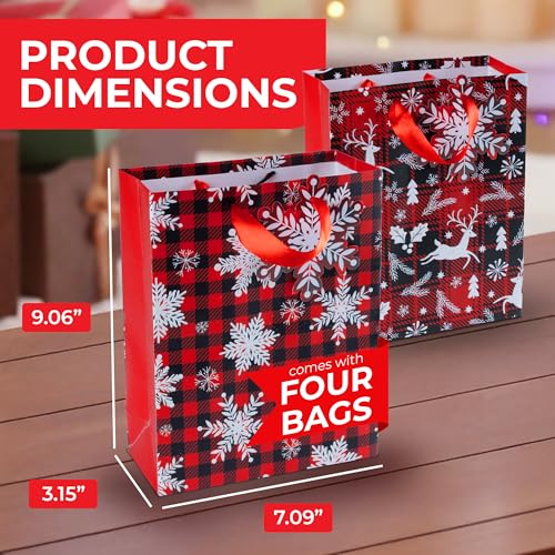 RACHELLE'S Plaid Christmas Gift Bags – Small 9"x7"x3" (4-Pack) – Sturdy Paper Gift Bags with Tissue Paper, Tag and Handle - Perfect for Christmas Holiday Gifting & Party Favors by RACHELLE'S - Image 2