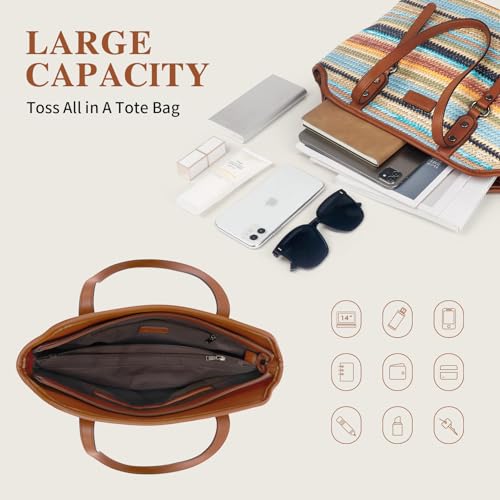 Image of Tote Bag for Women,Large Capacity Straw&Vegan Leather Tote Purses for Women,Shoulder Bags For Daily Travel Work Beach