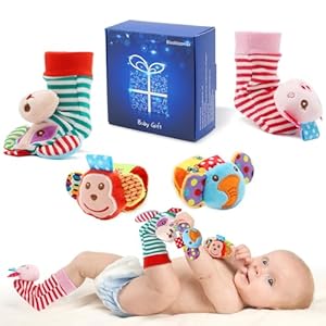 SSK Soft Baby Wrist Rattle Foot Finder Socks Set,Cotton and Plush Stuffed Infant Toys,Birthday Holiday Birth Present for Newborn Boy Girl 0/3/4/6/7/8/9/12/18 Months Kids Toddler,4 Cute Animals