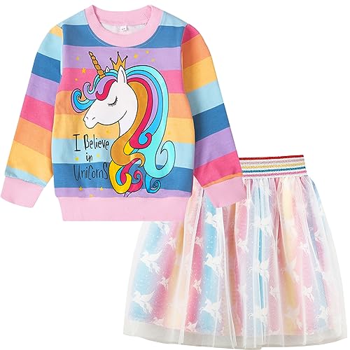 Popshion FBAB015010955 Baby Girls Tutu Dress Tulle Skirt 2 Piece Clothes Unicorn Birthday Outfits Kids Sweatshirts Tops Set Toddler Rainbow Dresses 5T cover