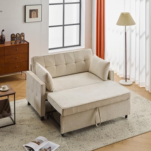 Merax Sofá cama con función de dormir, sofá de dos plazas, sofá cama doble con respaldo ajustable, sofá de salón, sofá con función cama, tela chenilla, beige, 142 x 79 x 85 cm