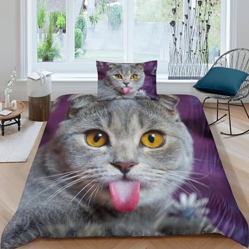 Housse de couette chat mignon 3D idée cadeau lit 3 pièces 135x200 cm - 2