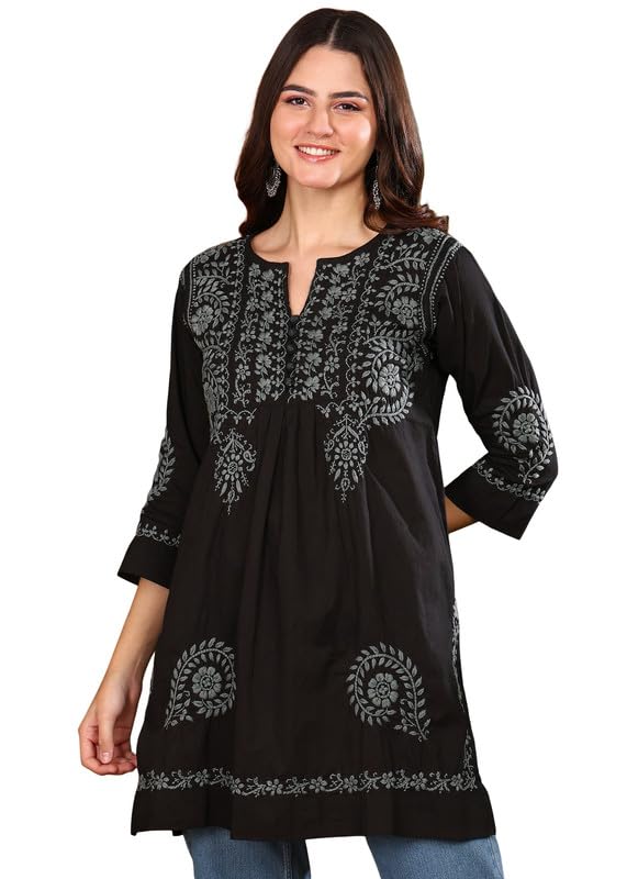 Vahson Hand Embroidered Lucknow Chikankari A-line Black Cotton Kurti for Women